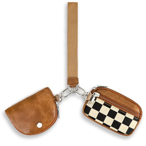 Checkered Dual Pouch Keychain Wallet for Women, Small Mini Zip Leather Coin Purse with Wrist Strap,wristlet hangbags,Brown | Amazon (US)