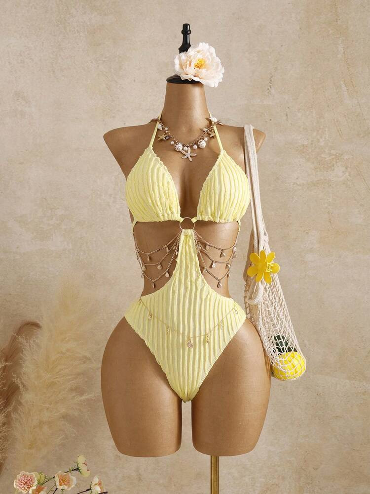 Bellisia 2026 New Women's Swimwear ArrivalFor School,Suitable For Holiday, Date, Afternoon Tea, Western, Cruise, Beach, Island, Road Trip, All Seasons, Music Festival, Boho Vacation,Bohemian Vacation, Chill Autumn ,Western Boho ,Elegant Tops For Women 1pc Women's Textured Jacquard Fabric Yellow Beach/Resort Dress Y2k Clothes ,Vacation Outfits Women,Party Outfit,Valentine Clothes,Summer Holiday Outfits 2026 New Women's Swimwear ArrivalFor School,Suitable For Holiday, Date, Afternoon Tea, Western, Cruise, Beach, Island, Road Trip, All Seasons, Music Festival, Boho Vacation,Bohemian Vacation, Chill Autumn ,Western Boho ,Elegant Tops For Women Yellow Bathing Suit Light Yellow Swimsuit Cut Out Bathing Suit Pleated Swimsuit One Piece Bathing Suit Yellow Bathing Suit Set Light Yellow Bikini Lemon Swimsuit Crochet Swimsuit Women Vintage Swimsuits For Woman Monokini With Chains Ribbed Swimsuit Halter Neck Swimwear Cut Out Monokini Chain Detail Swimsuit | SHEIN