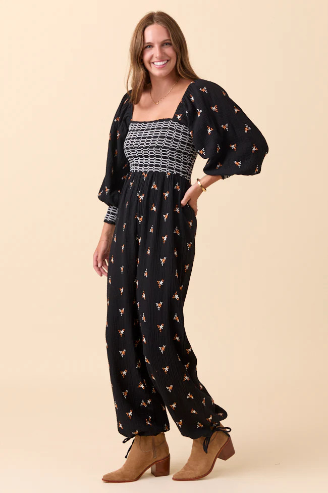 Dress To Impress Black Floral Stitched Smocked Top Jumpsuit | Pink Lily