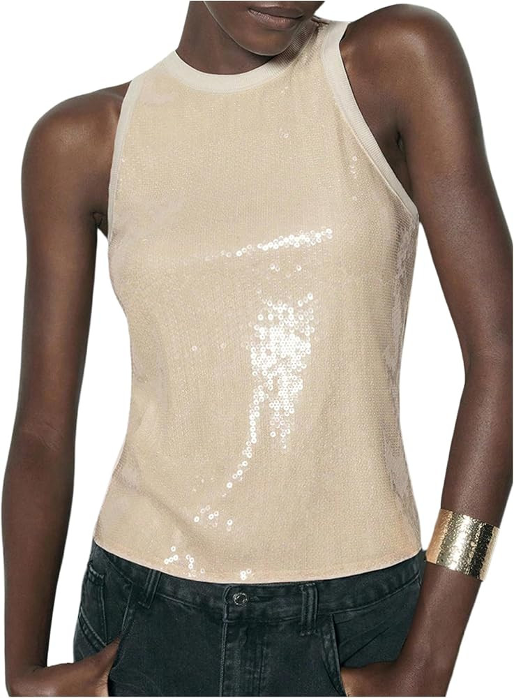 Milumia Women's Sequin Tank Top Round Neck Sleeveless Party Club Rave Tops | Amazon (US)