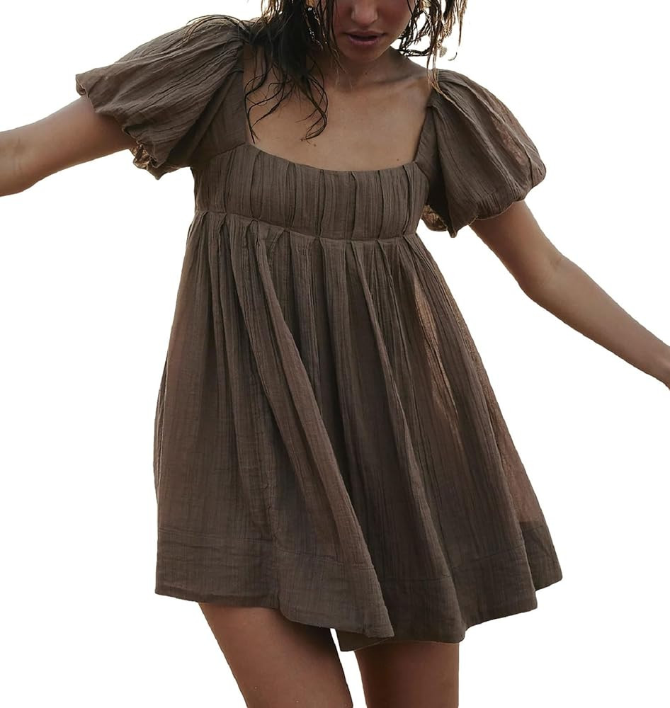Women Square Neck Summer Mini Dress Puff Short Sleeve Backless Tie Back Flowy Dress Aline Babydol... | Amazon (US)