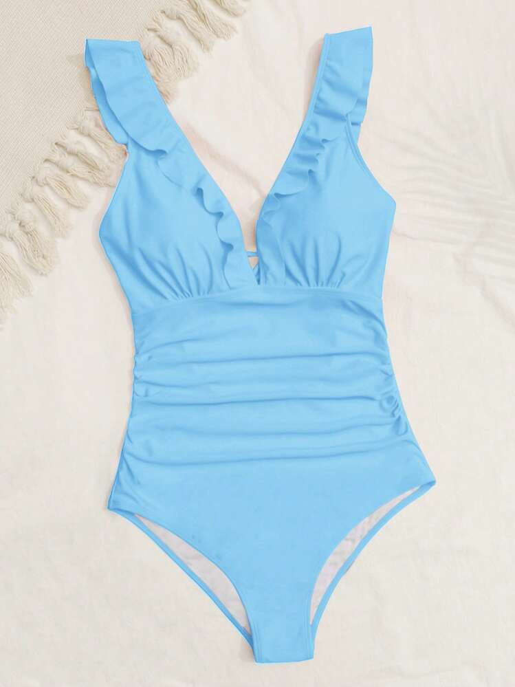 SHEIN Swim 1pc Solid Color Ruffle Trim One-Piece Swimsuit, Suitable For Vacation And Beach | SHEIN