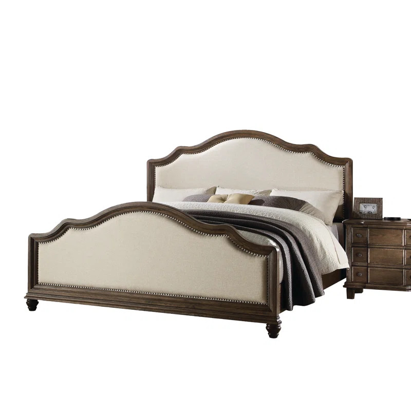 Baudouin Weathered Oak and Linen Upholstered Panel Bed | Wayfair North America
