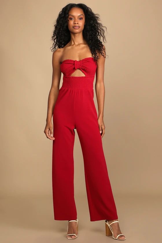 Bow Up Brick Red Smocked Strapless Wide-Leg Jumpsuit | Lulus (US)