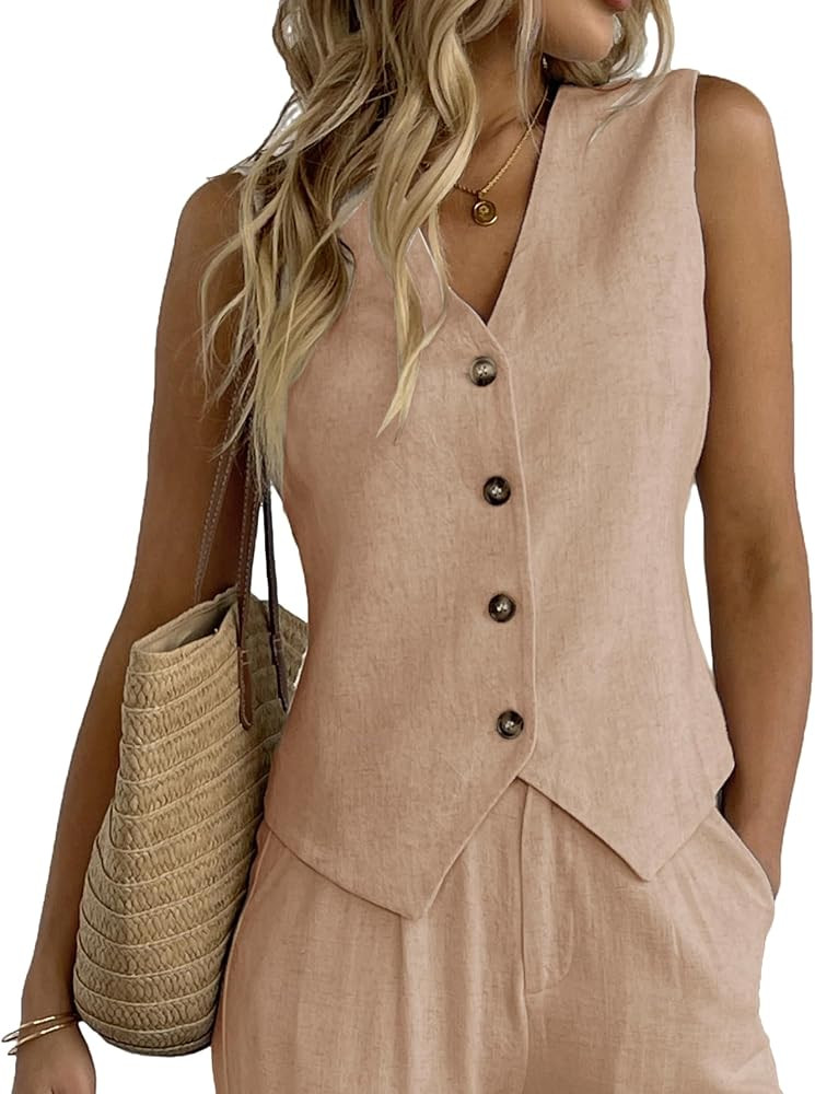 heipeiwa Women's Cotton Linen Vest Button Down Sleeveless V Neck Tank Tops Waistcoat Jacket | Amazon (US)
