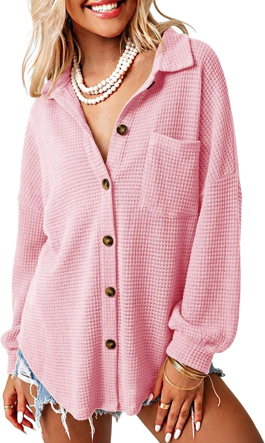 Dokotoo Womens Waffle Knit Shacket Jacket Casual Button Down Shirts Tops | Amazon (US)