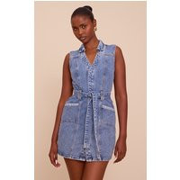 Light Blue Tie Waist Utility Style Denim Dress | PrettyLittleThing US