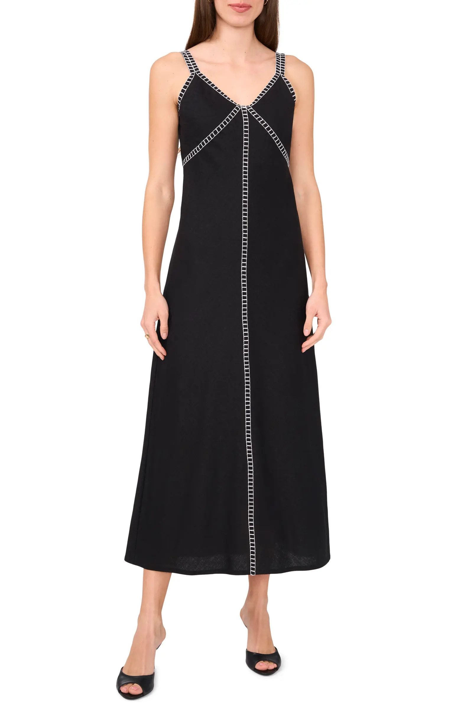 Halogen® Rail Track Detail Linen Blend Midi Dress | Nordstrom | Nordstrom
