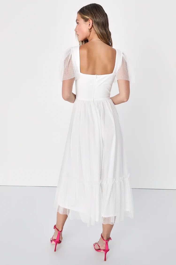 Dreamy Celebration White Tulle Bustier Swiss Dot Midi Dress | Lulus