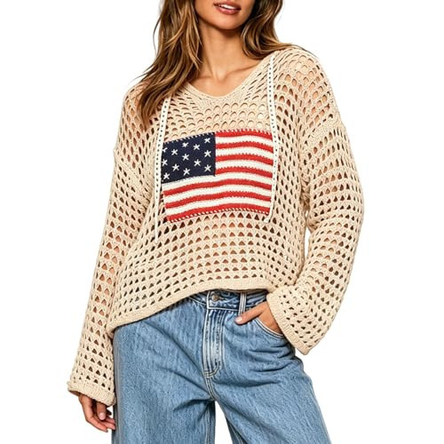 Women's American Flag Crochet Sweater Long Sleeve Hollow Out Lightweight Knit Hoodie 2026 Summer Beach Cover Up Tops(Khaki,S) | Amazon (US)