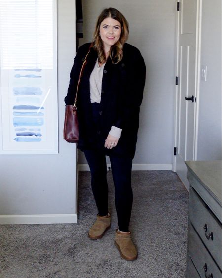 Casual midsize fall outfit, size 13 outfit 
Spanx faux leather leggings, size large 20% off, UGG boots, Portland leather bag, Old Navy wool Shacket  Amazon sweater 

#LTKcurves #LTKCyberweek #LTKSeasonal
