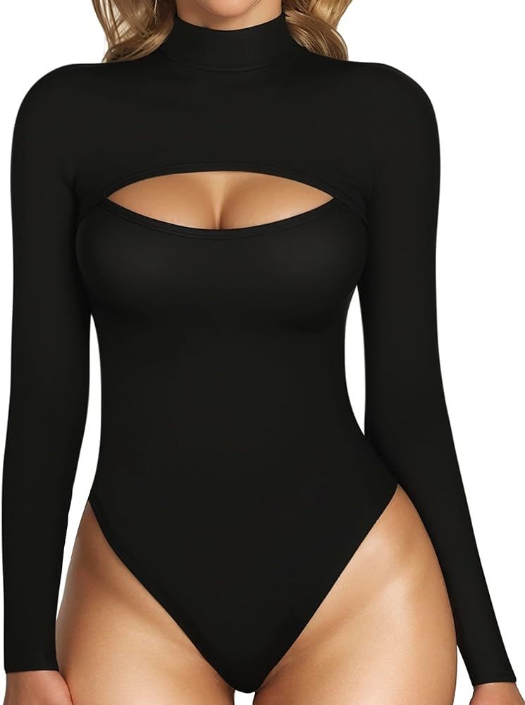 MANGOPOP Mock Neck Cutout Front T Shirt Long Sleeve Bodysuit for Women | Amazon (US)