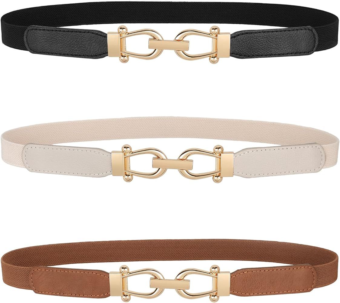 JASGOOD Women Skinny Elastic Belt for Dresses,Thin Retro Stretch Waist Belt with Golden Buckle 2 Pack | Amazon (US)