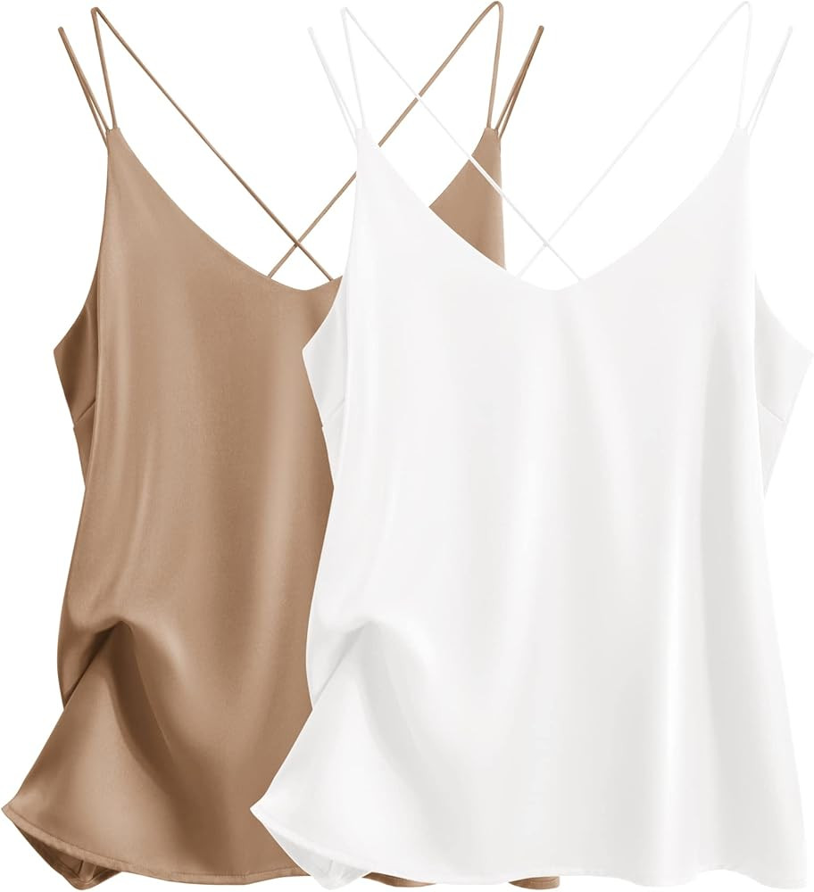 Ekouaer Womens 2-Pack Silk Satin Camisole Tank Top V Neck Sexy Cross Back Spaghetti Strap Cami Sl... | Amazon (US)