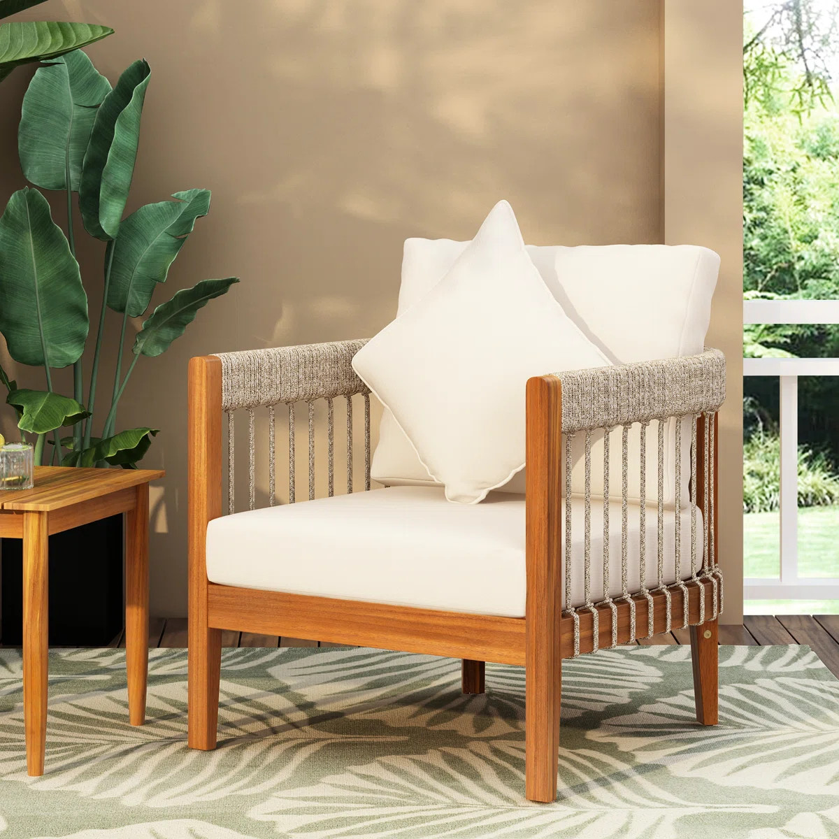 Wood Patio Lounge Chair With Handwoven Rope On , Curved Back For Relaxation And All-Weather Water... | Wayfair North America