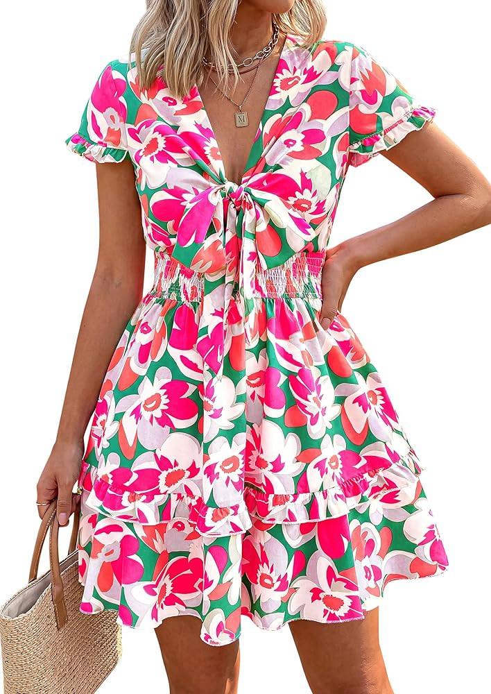 PRETTYGARDEN Women Summer Short Dress 2026 Casual V Neck Short Sleeve Tiered Bow Mini Sun Dresses... | Amazon (US)