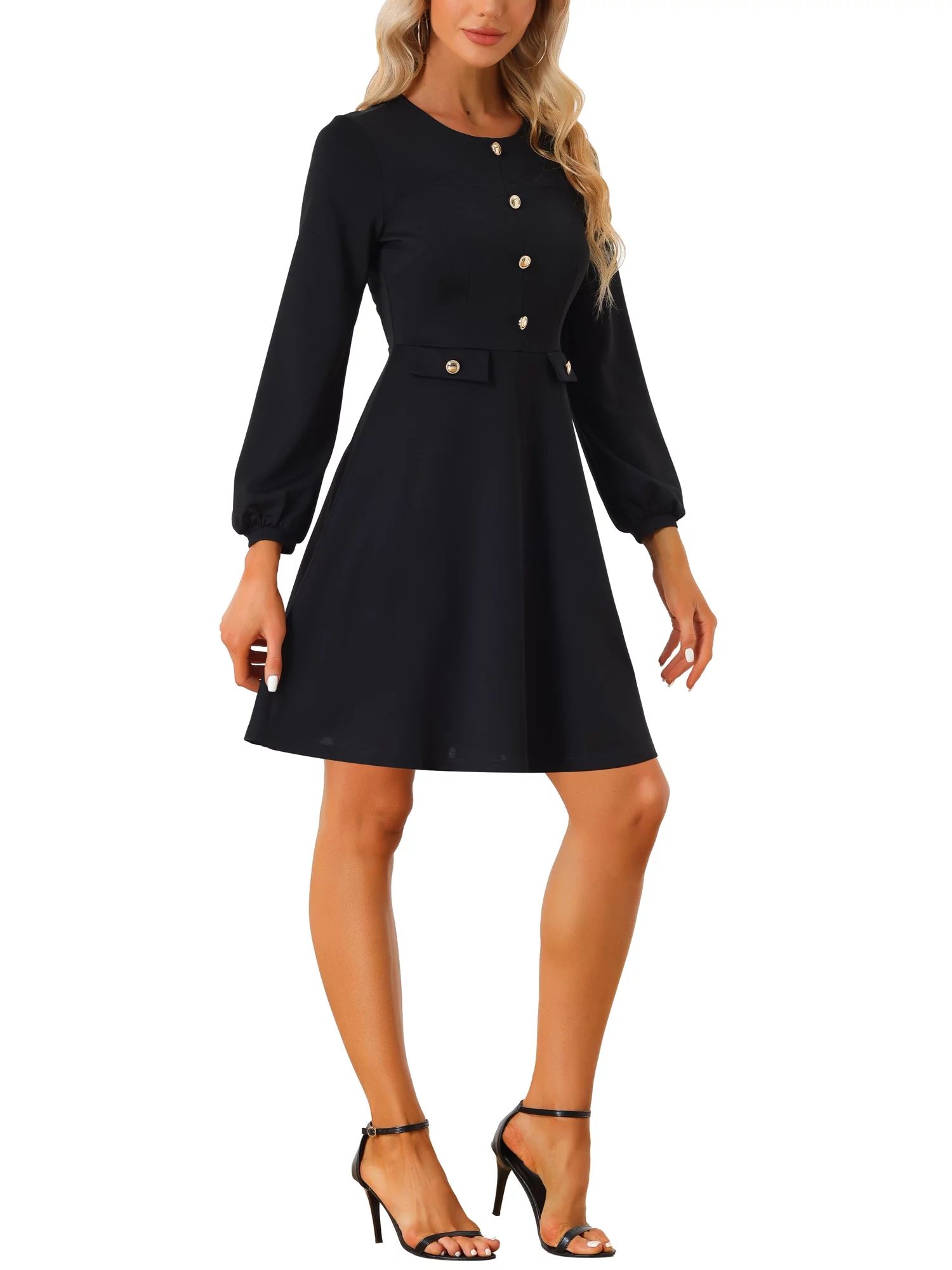 Allegra K Work Office Dress for Women's Contrast Button Decor Long Sleeve Dresses | Walmart (US)
