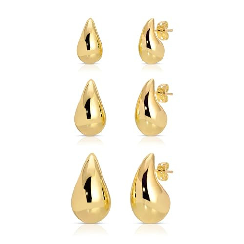 3Pair Gold Teardrop Earrings Set Dupes for Women Thick Gold Plated Chunky Hoop Water Drop Earring for Women Hypoallergenic | Amazon (US)