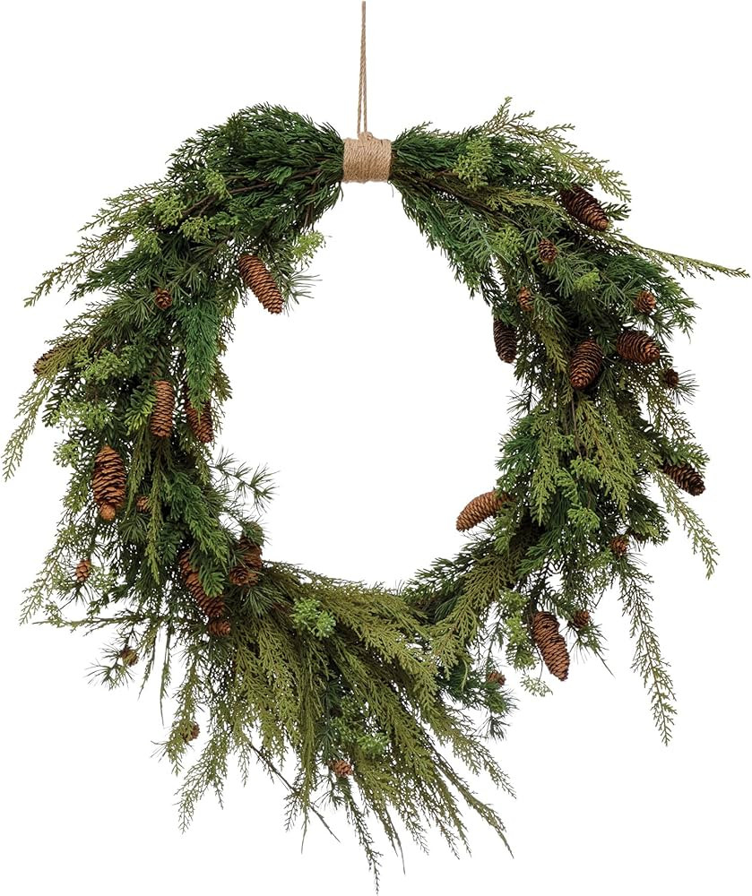Faux Pine Wreath with Pinecones & Wrapped Jute Hanger | Amazon (US)