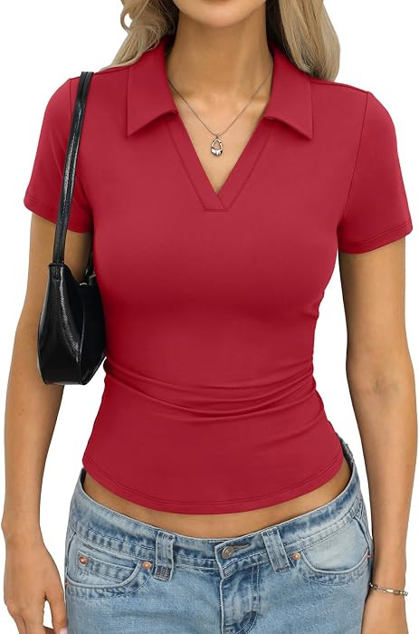 Eachyes Womens Polo Shirts Tight Short Sleeve Tops Bussiness Casual Outfits | Amazon (US)