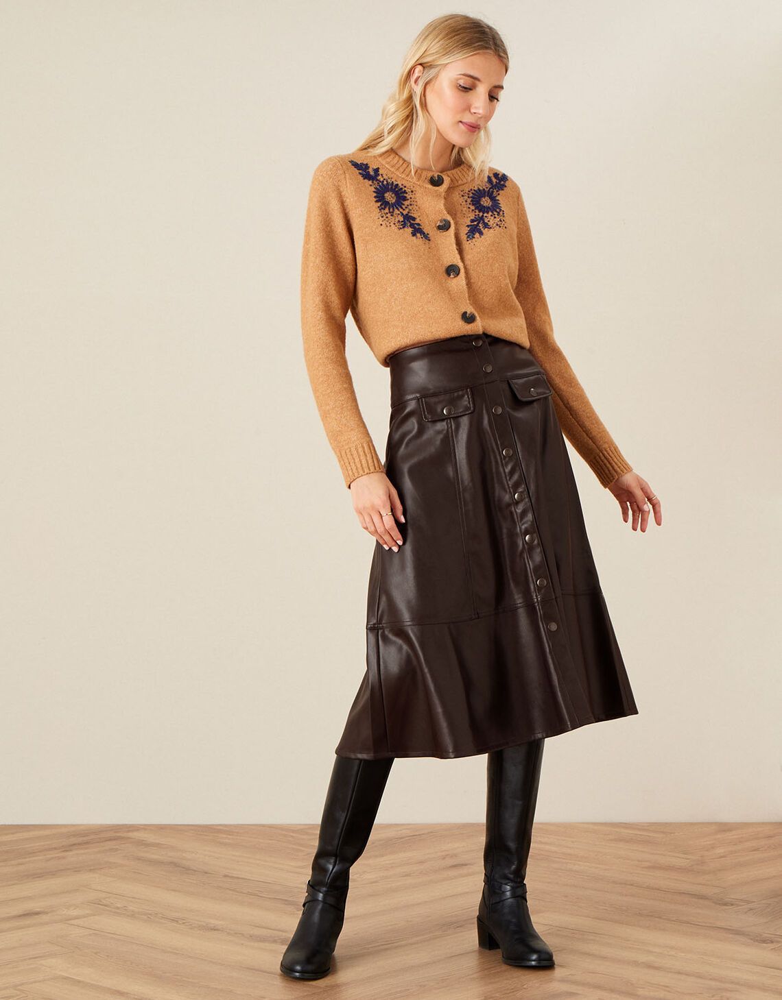 Leather-Look Midi Skirt Brown | Monsoon (UK)