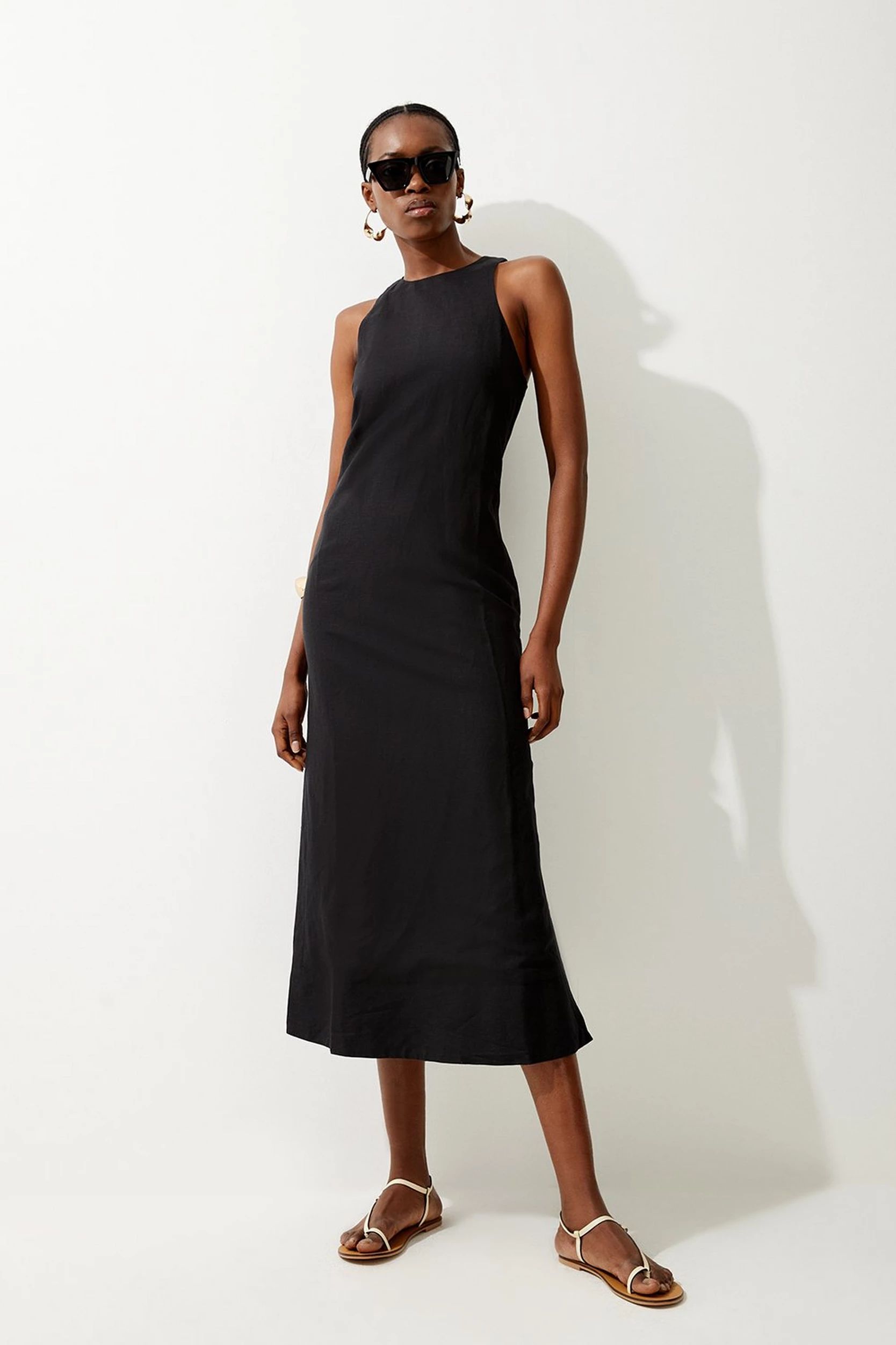 Viscose Linen Halter Woven Column Midi Dress | Karen Millen UK + IE + DE + NL