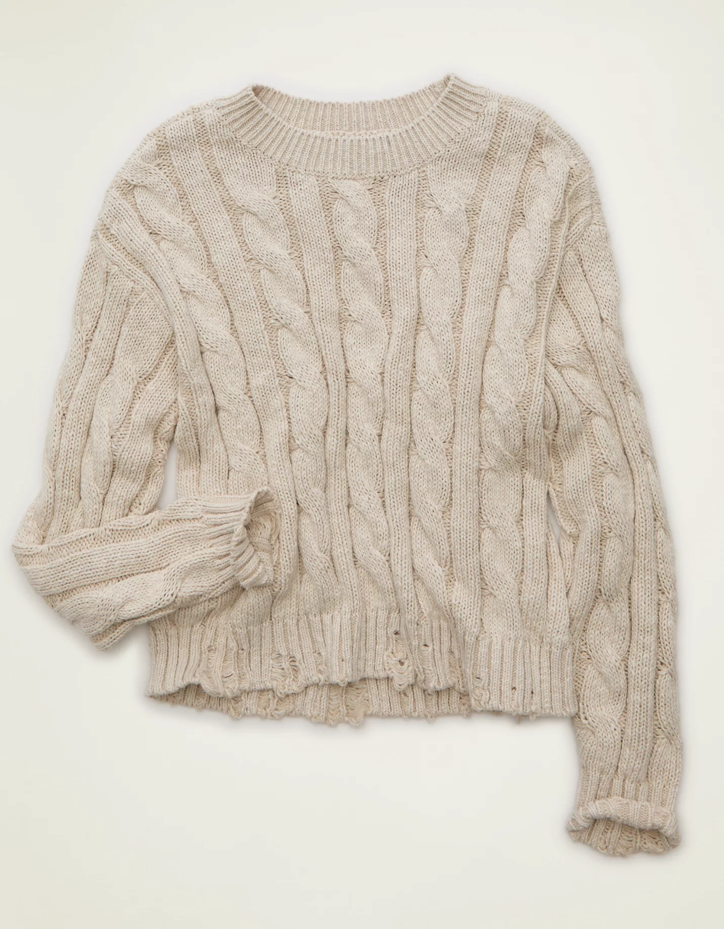 AE Cropped Cable Knit Sweater Women's Oatmeal Heather XS | American Eagle Outfitters (US & CA)