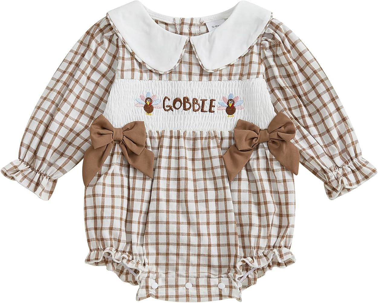 MoZiKQin Baby Girl Thanksgiving Outfit Turkey Bubble Romper Long Sleeve Doll Collar Plaid Jumpsui... | Amazon (US)