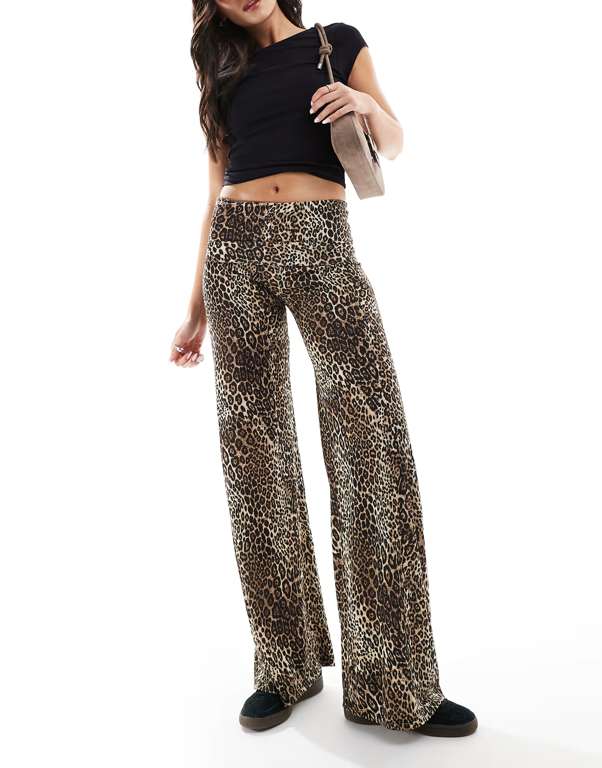 Stradivarius fold over waist wide leg trouser in leopard print | ASOS (Global)