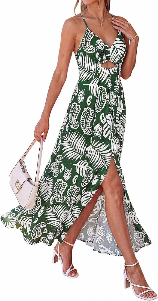 BTFBM Summer Dresses for Women 2026 Spring Floral Spaghetti Strap Smocked Cutout Maxi Dress Resor... | Amazon (US)