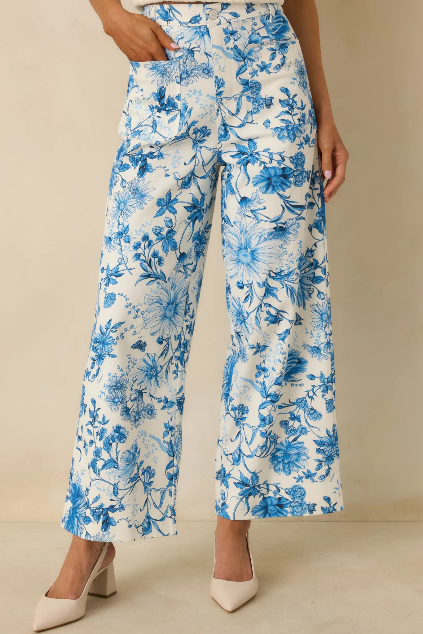Grow Your Own Way Blue Floral Print Cotton Wide Leg Pants | Red Dress