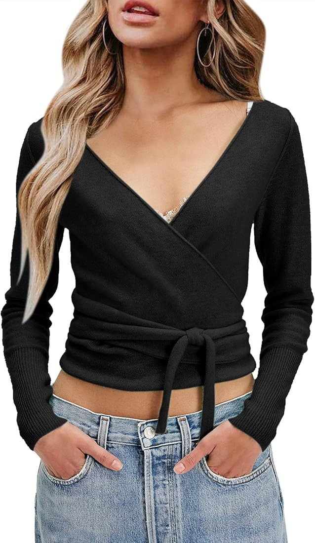 PRETTODAY Women's Wrap Knit Sweater V Neck Tie Front Long Sleeve Casual Pullover Tops | Amazon (US)
