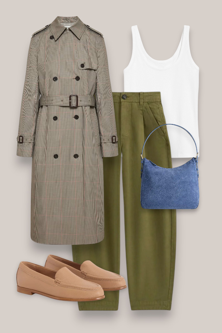 A checked trench does all the work in this outfit. I’d keep everything else simple with a white tank, olive trousers, neutral loafers and a pop of blue from the bag. #checkedtrench #olivepants #loafers #autumnoutfit 

 #LTKautumn #LTKworkwear #LTKstyletip