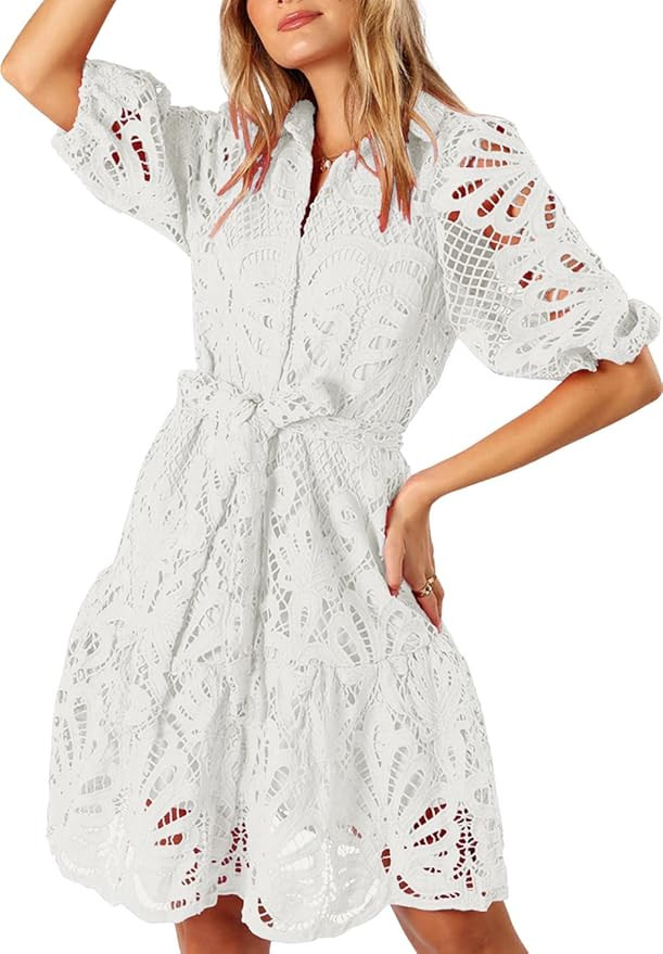 Women's Summer Hollow Out Lace Mini Dress Lantern Sleeve Lapel Button Ruffle Casual Beach Party D... | Amazon (US)