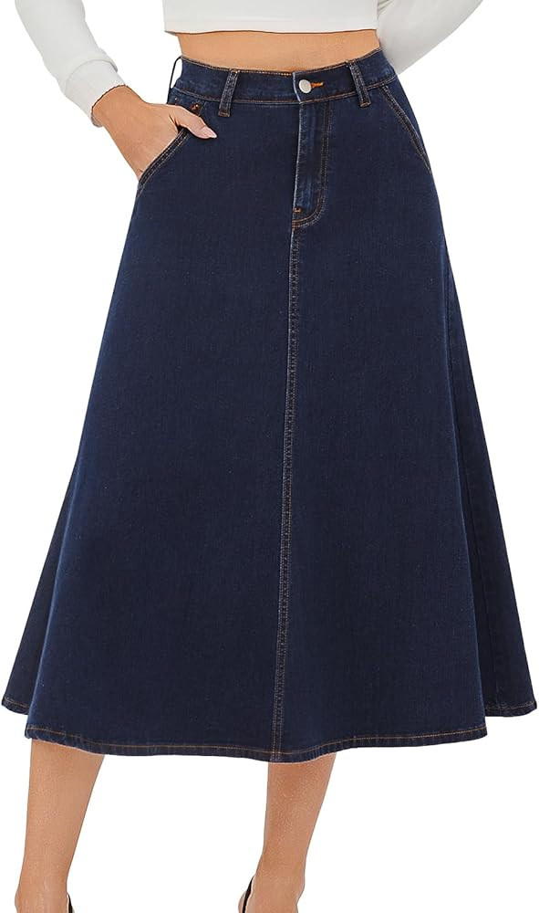 HUSKARY Women's Stretchy High Wasited A Line Long Maxi Jean Skirt Below Knee Length Flared Midi D... | Amazon (US)