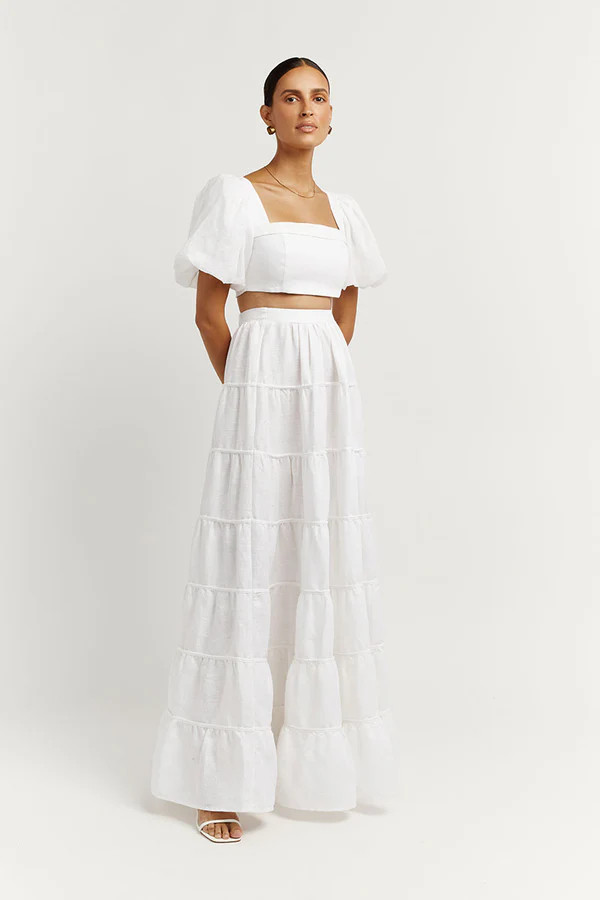 AISLE WHITE LINEN TIER LONG SKIRT | DISSH
