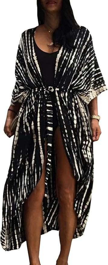 Chunoy Women Loose Lightweight Open Front Kimono Cardaigan Caftan Sleeve Tie Dye Striped Long Bea... | Amazon (US)