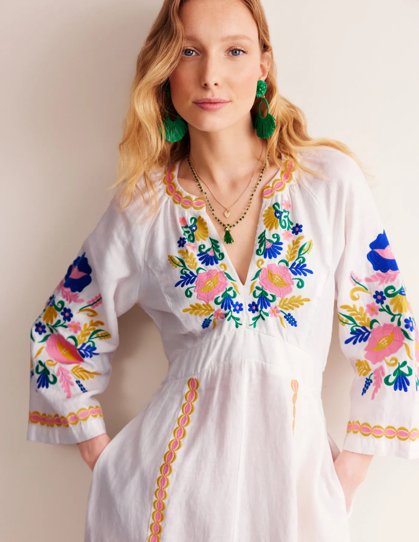Una Linen Embroidered Dress | Boden UK