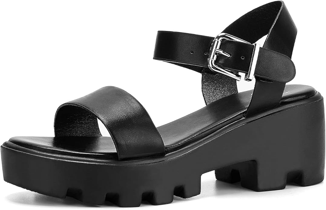KEIIYJ Chunky Platform Sandals for Women Lug Sole Casual Double Band Block Heel Wedge with Buckle... | Amazon (US)