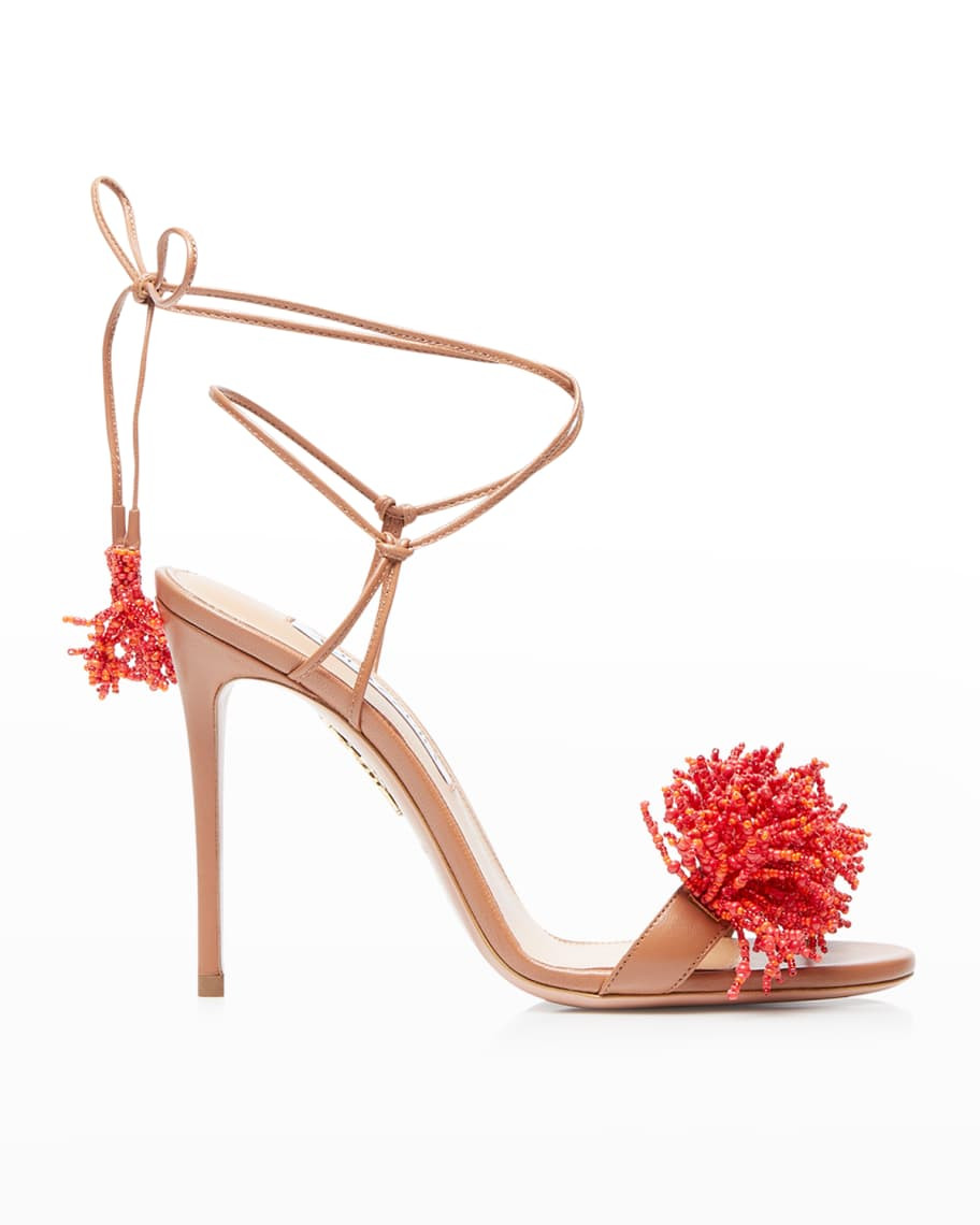 Aquazzura Panarea Beaded Ankle-Tie Sandals | Neiman Marcus