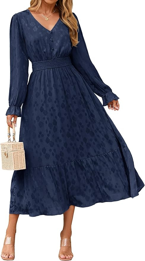BerryGo Womens Long Sleeve Empire Waist Maxi Dress V Neck Fall Wedding Guest Flowy Long Dresses | Amazon (US)