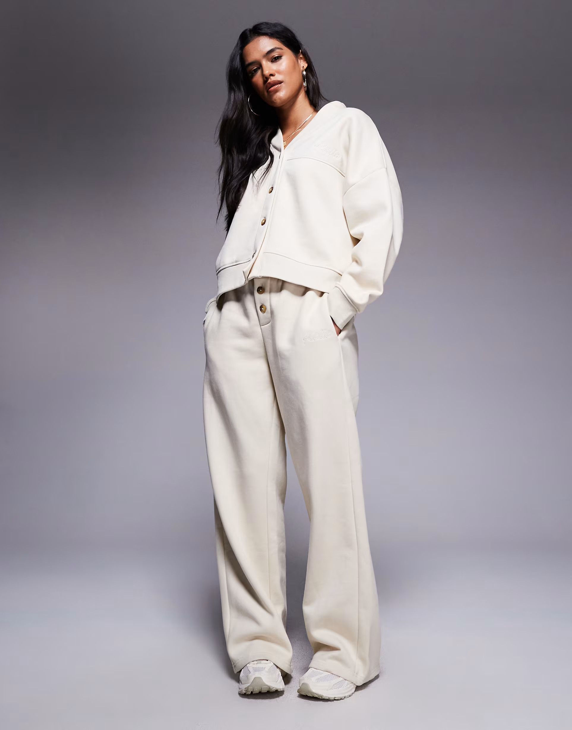 Kaiia embroidered logo button detail wide leg joggers co-ord in beige | ASOS (Global)