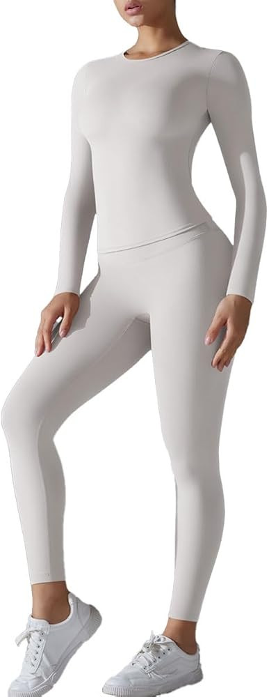 Workout Sets for Women 2 Piece Slim Fit Long Sleeve Top High Waist Butt Lift Leggings Exercise Gy... | Amazon (US)