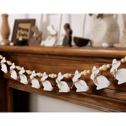 Easter Decorations Garlands, Cute Bunny Easter Garland with Wooden Beads, Rustic Banner for Mantel, Fireplace, Wall, Home, Farmhouse, Office, School Indoor Spring Decor Supplies | Amazon (US)
