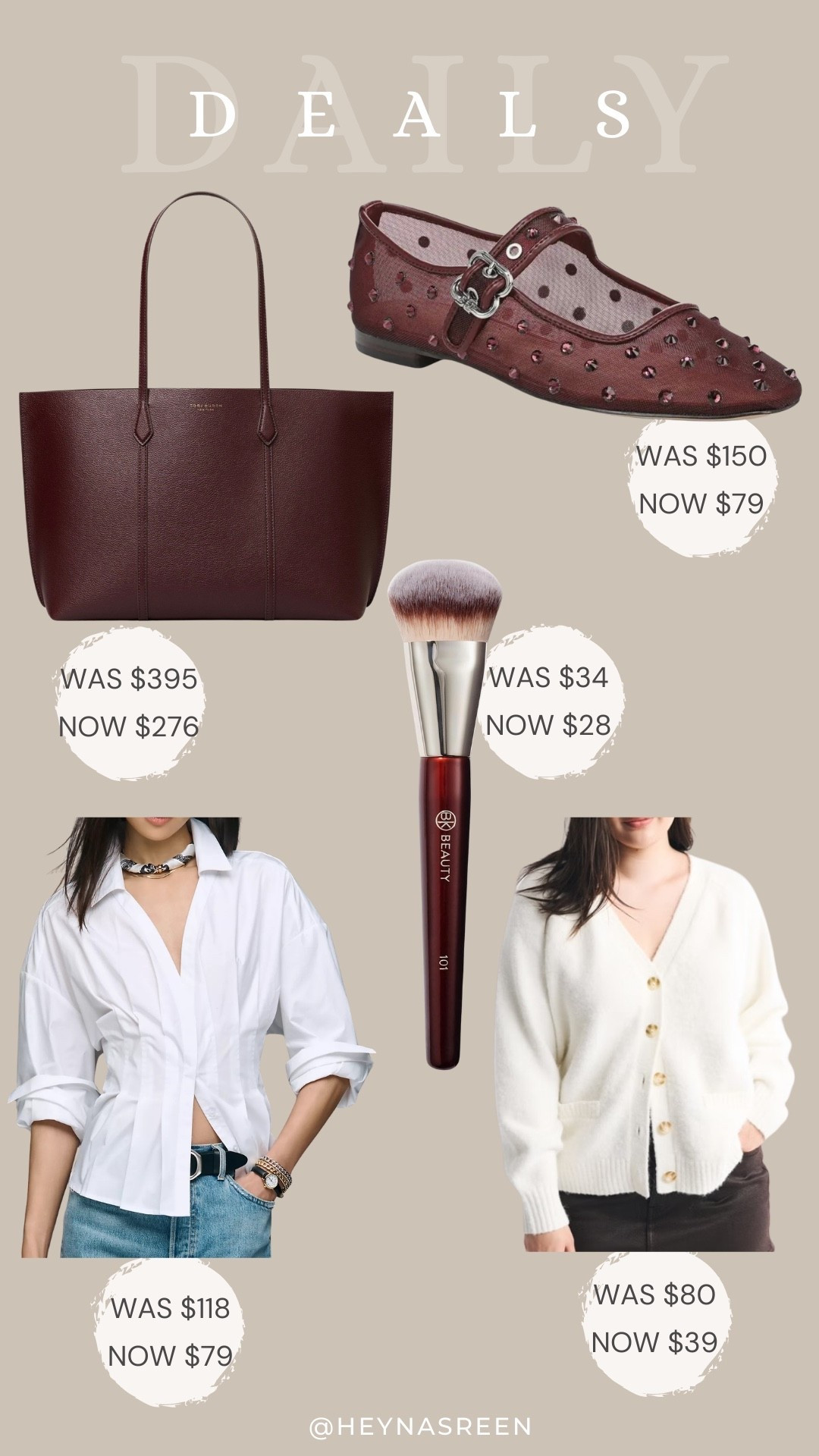 Daily deals on Tory Burch tote, Sam Edelman flats, BK Beauty foundation brush, Abercrombie cardigan, Anthropologie shirt 