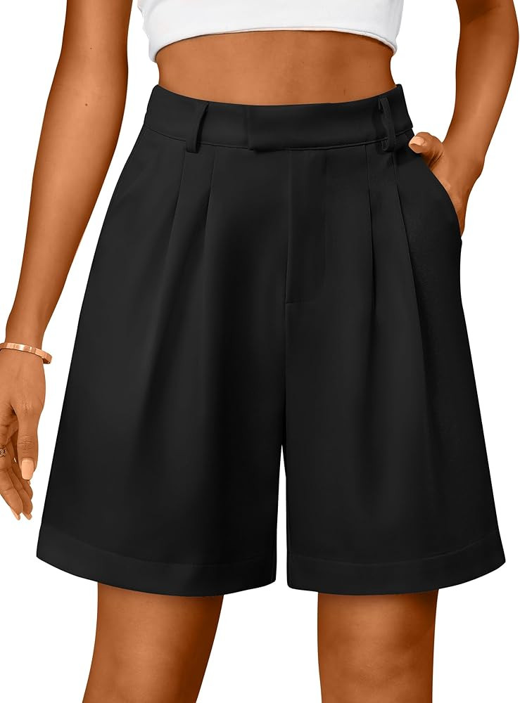 Bermuda Shorts for Women Dressy Casual High Waisted Summer Work Elastic Waist Pleated Dress Short... | Amazon (US)