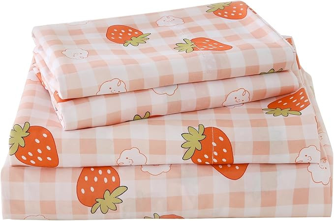 Yibeizi Twin Sheet Set for Girls, Kids Pink Gingham Strawberry Pattern Bedsheets Microfiber Deep ... | Amazon (US)