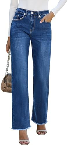 GRAPENT Straight Leg Jeans for Women High Waisted Stretchy Frayed Raw Hem Loose Denim Pants Casua... | Amazon (US)