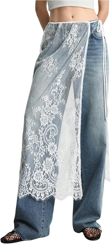 MakeMeChic Women's Lace Skirt Floral Mesh Wrap Tie Side Elegant Coverup Fall Skirts | Amazon (US)