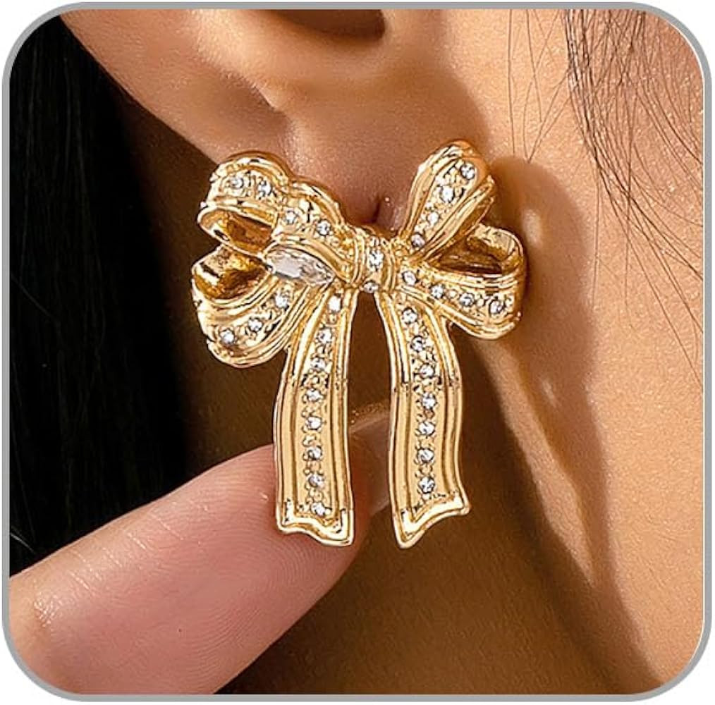 Gold Bow Earrings for Women Rhinestone Pearl Bow Stud Earrings Elegant Ribbon Earring Xmas Holida... | Amazon (US)
